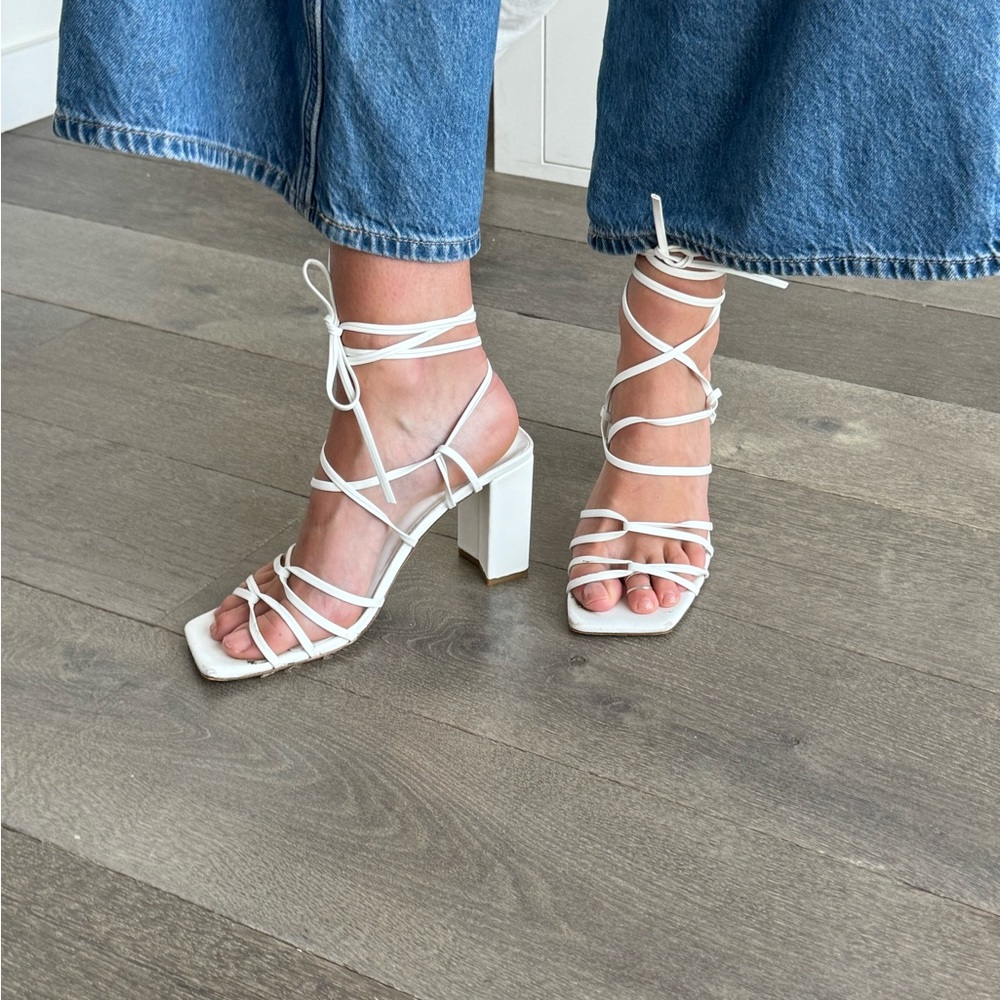 RAYE White Strappy Heels with Lace-Up Design